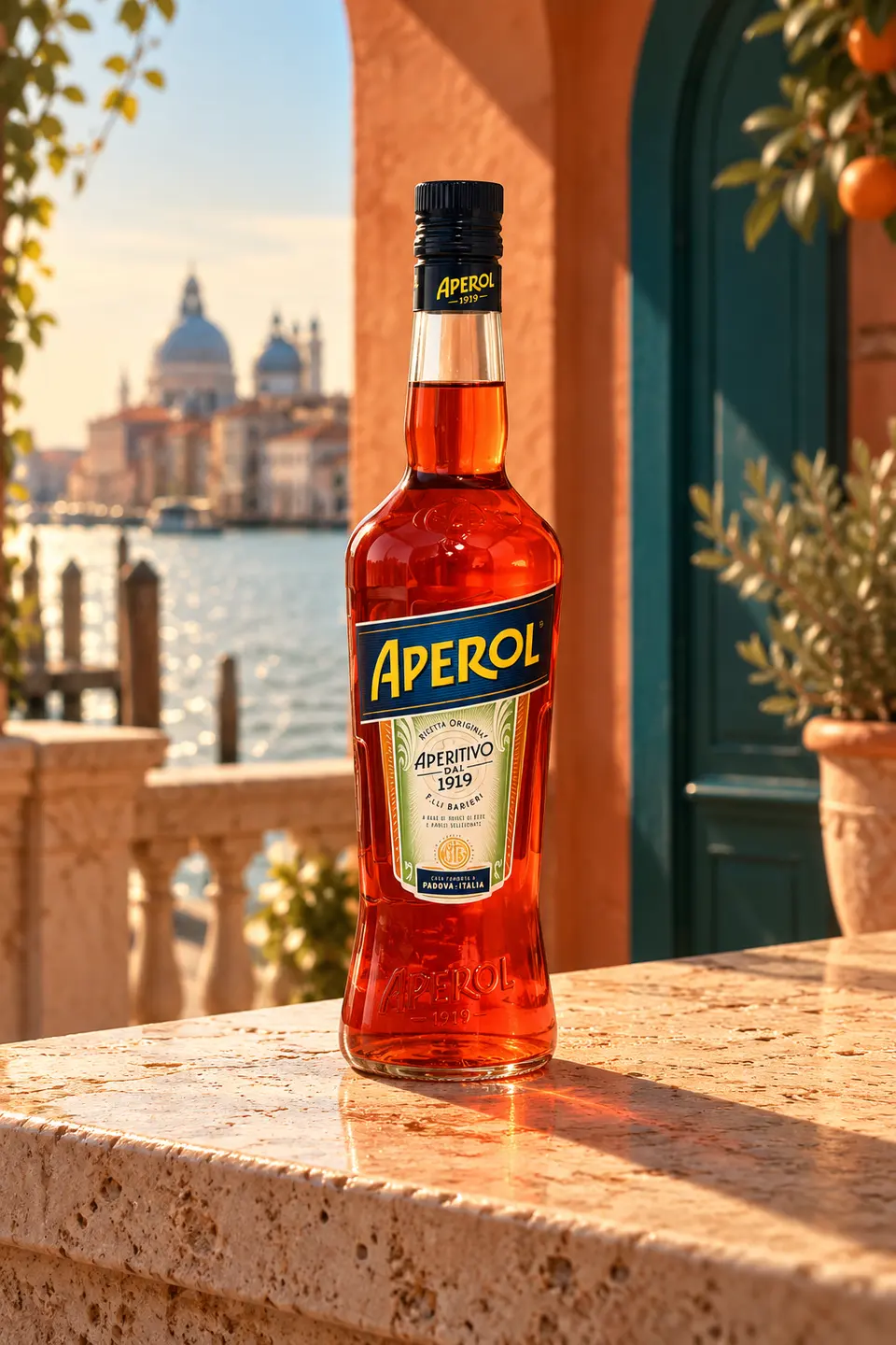 Botella de Aperol junto al canal de Venecia