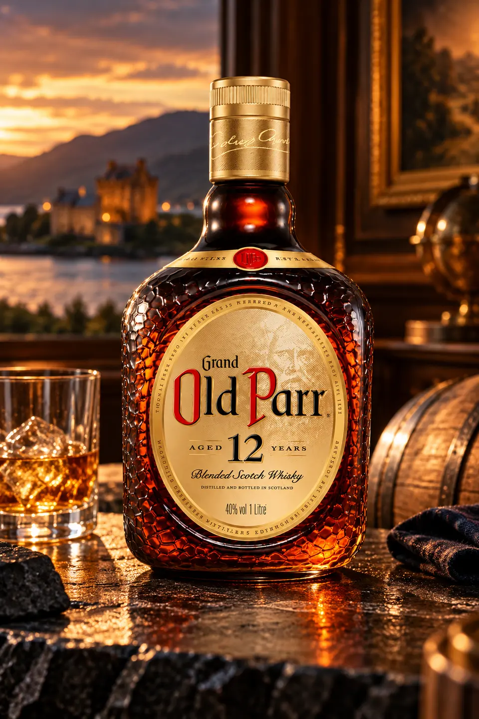 Botella de Old Parr 12 sobre madera